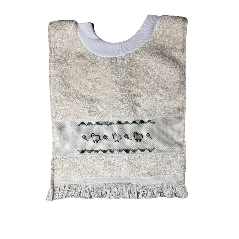 Vintage Handmade Baby Bib Sheep Cross Stitch Terry Cloth Fringe Nursery‎ Decor